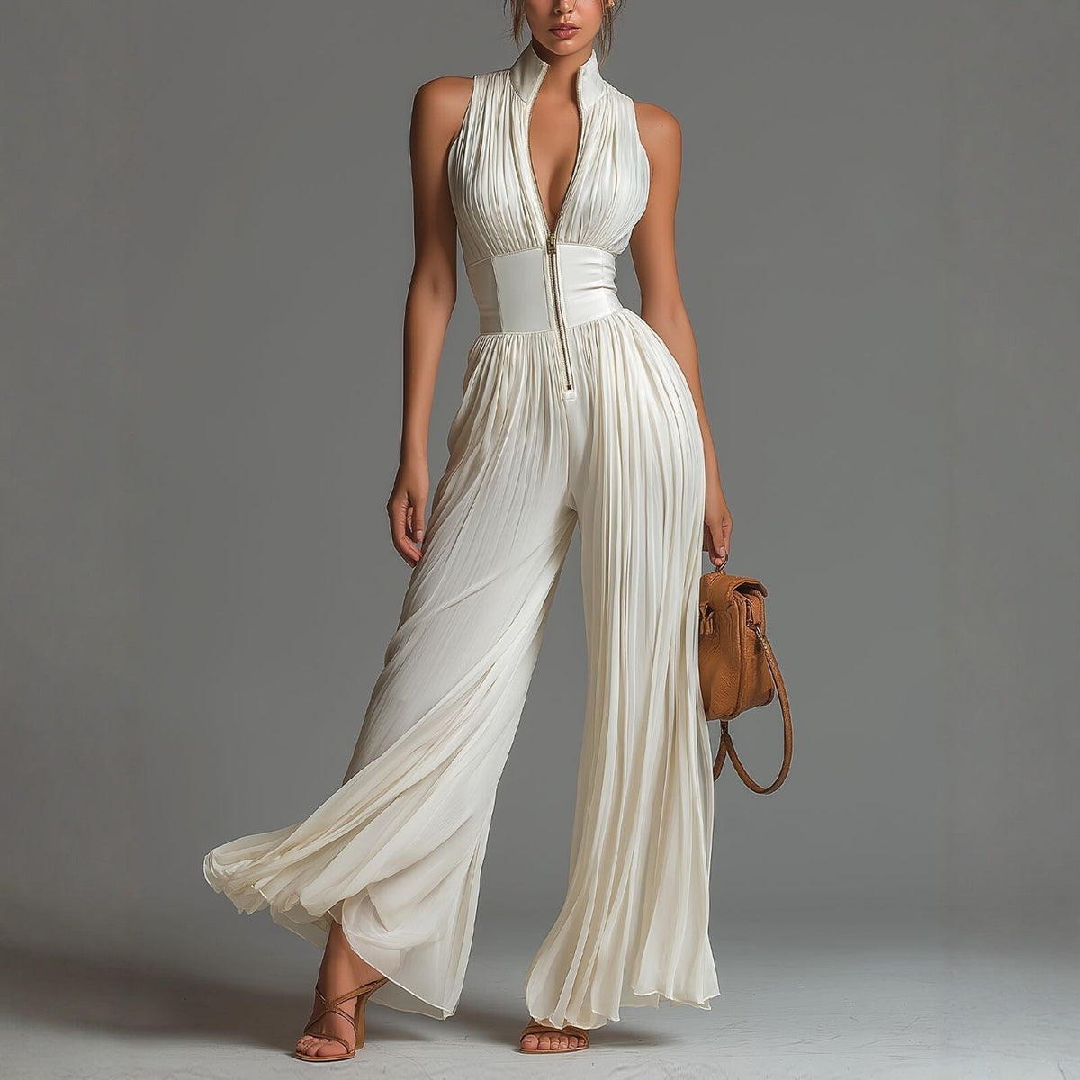 White sleeveless chiffon dress with V-neck, zipper, and wide pleated pants