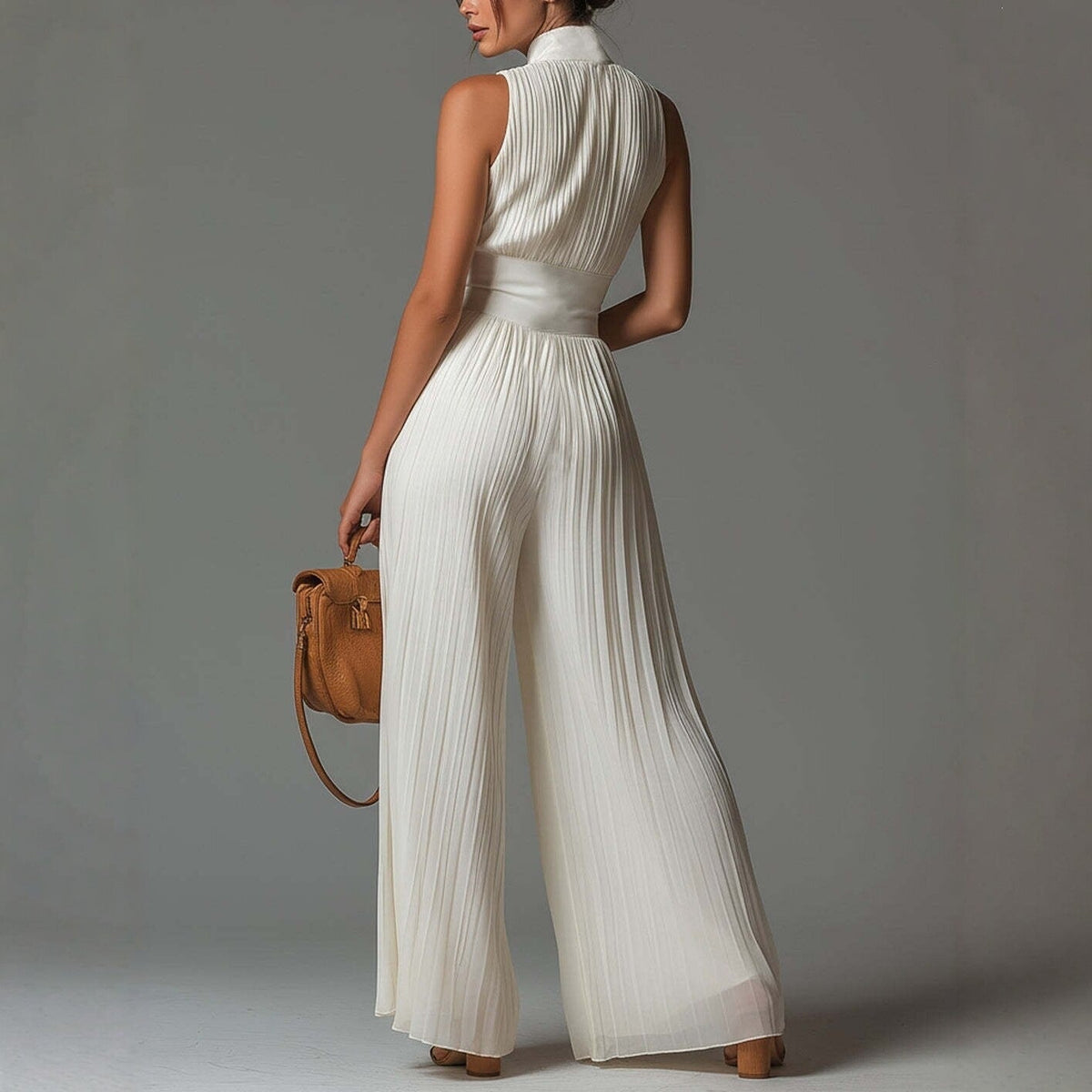 White sleeveless chiffon dress with V-neck, zipper, and wide pleated pants
