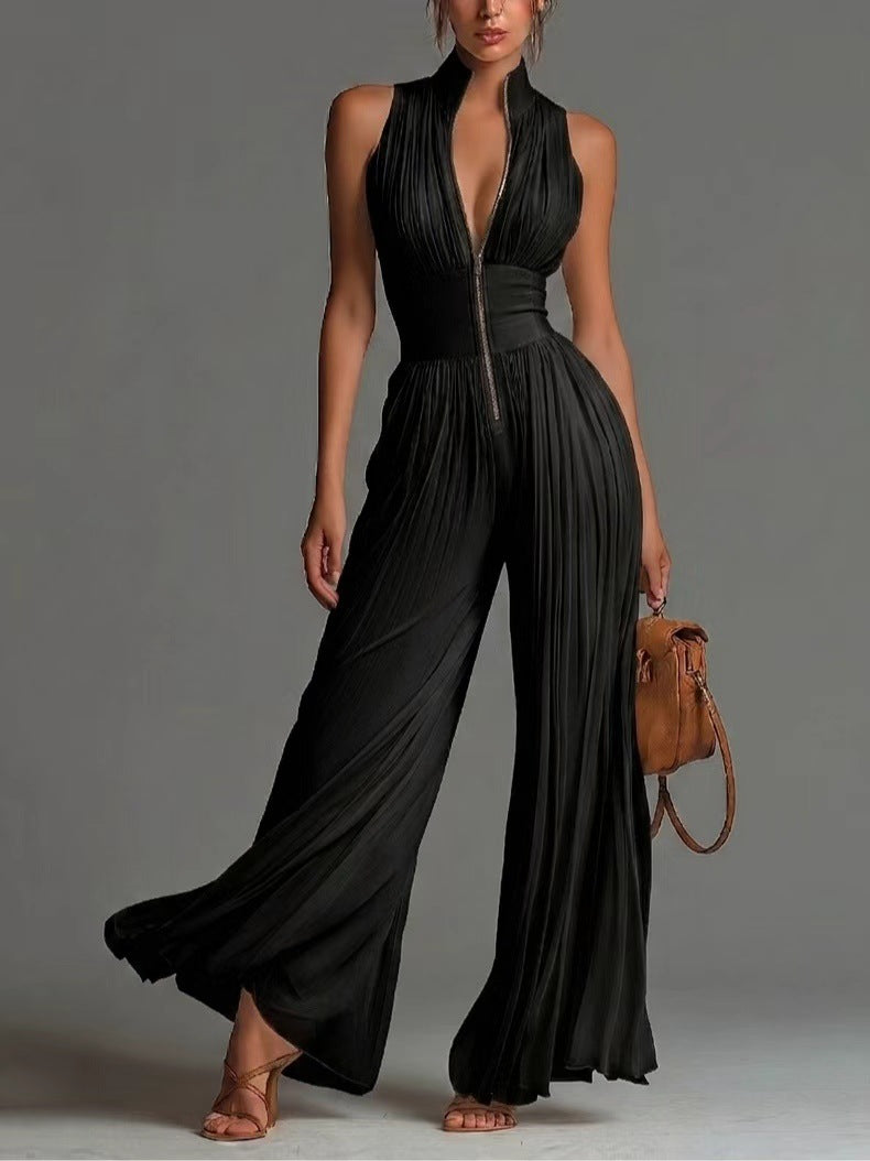 White sleeveless chiffon dress with V-neck, zipper, and wide pleated pants
