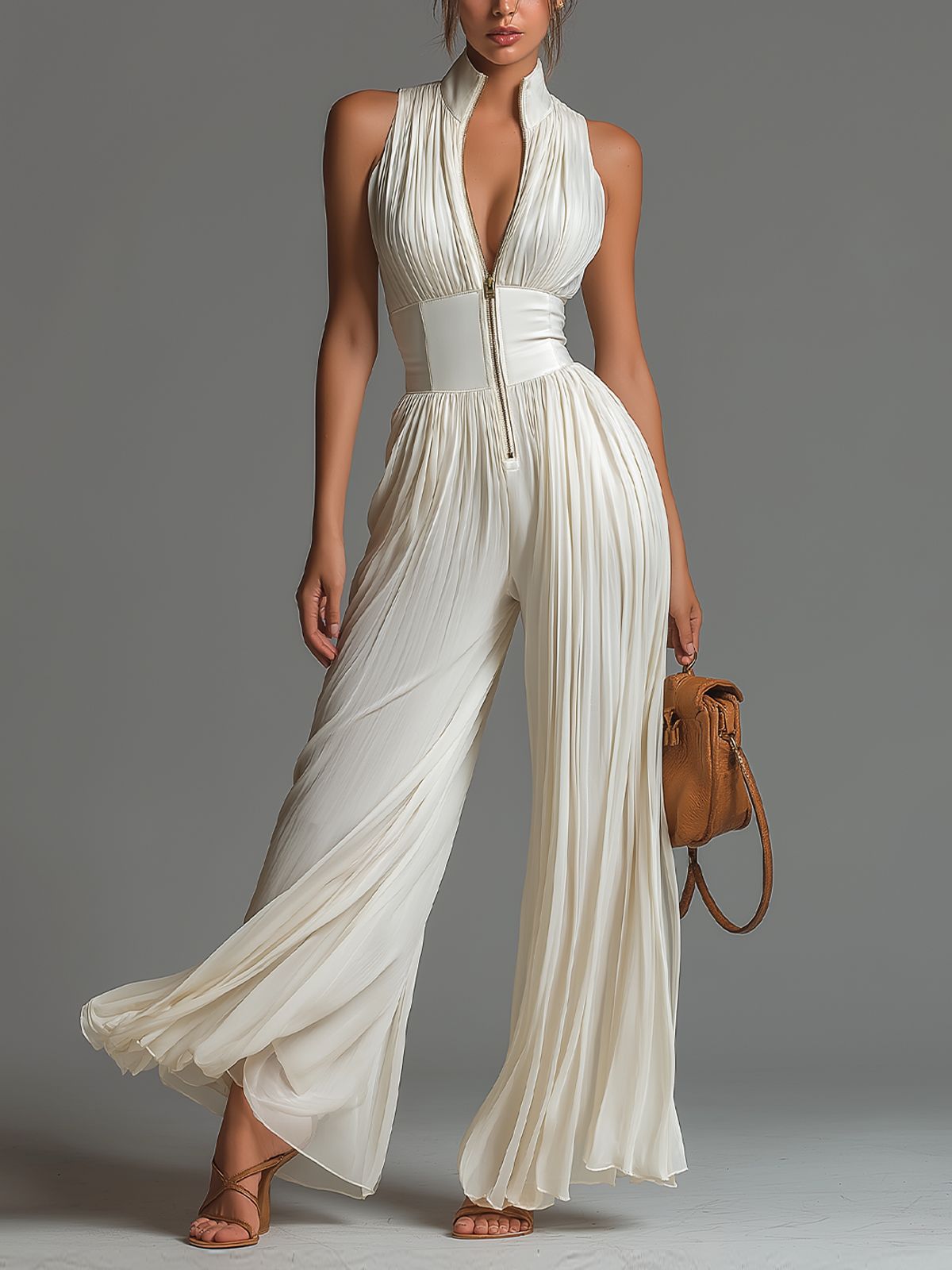 White sleeveless chiffon dress with V-neck, zipper, and wide pleated pants
