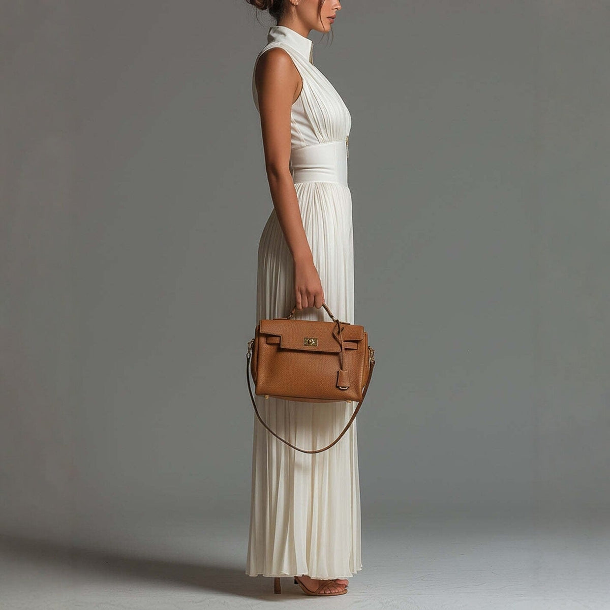 White sleeveless chiffon dress with V-neck, zipper, and wide pleated pants
