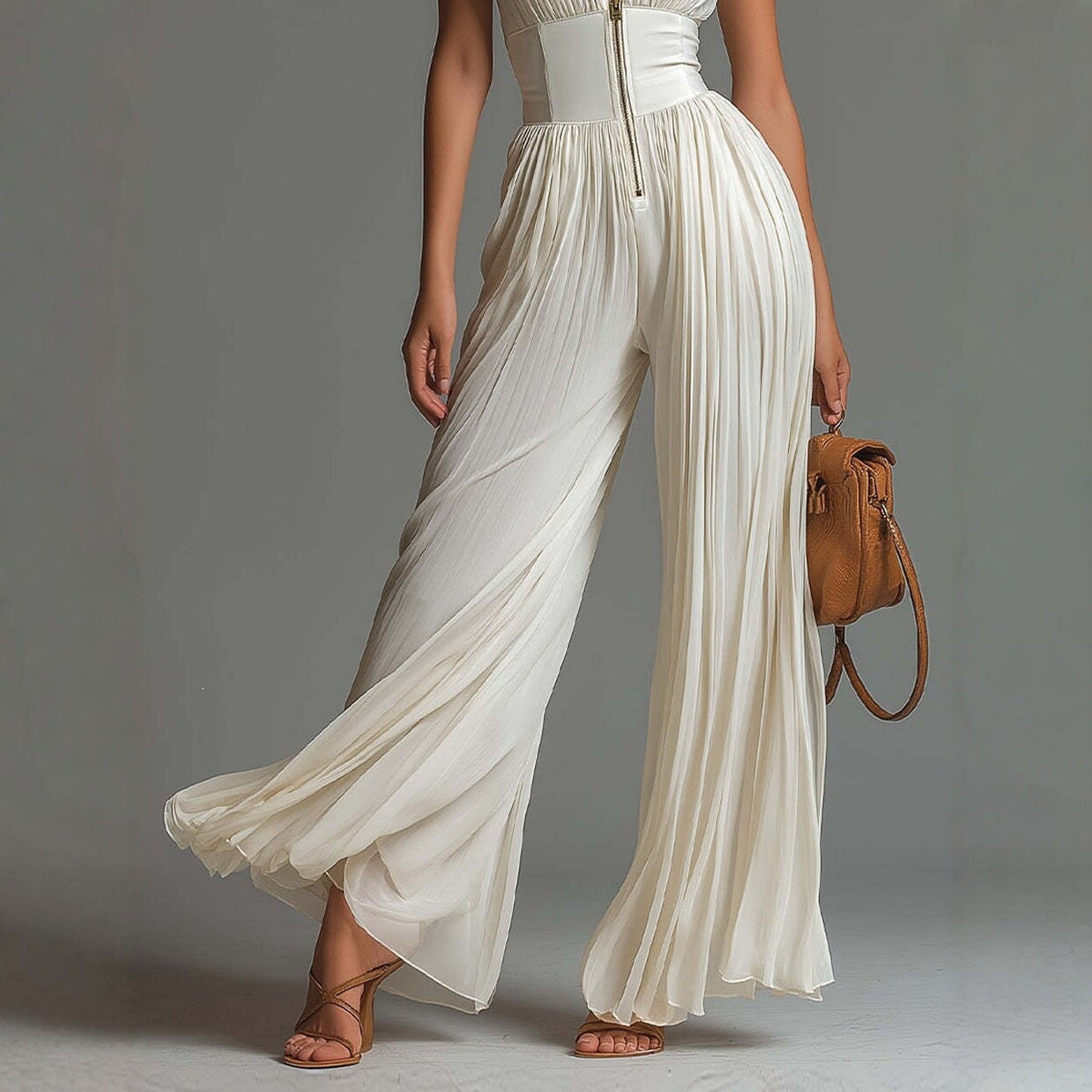 White sleeveless chiffon dress with V-neck, zipper, and wide pleated pants