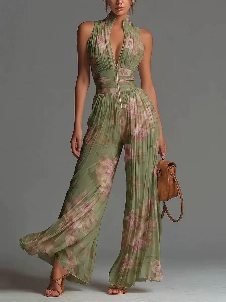 White sleeveless chiffon dress with V-neck, zipper, and wide pleated pants