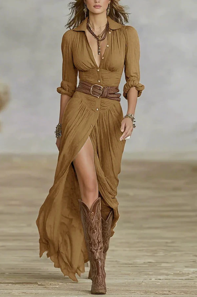 Long Maxi Dress with Cord and Long Sleeves Made of Cotton for Women