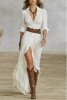 Long Maxi Dress with Cord and Long Sleeves Made of Cotton for Women