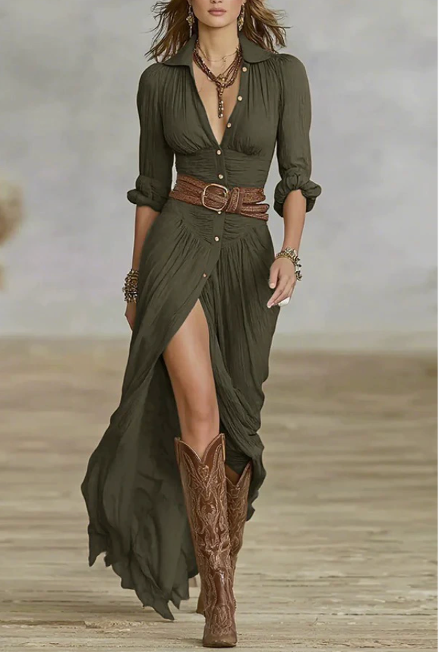 Long Maxi Dress with Cord and Long Sleeves Made of Cotton for Women