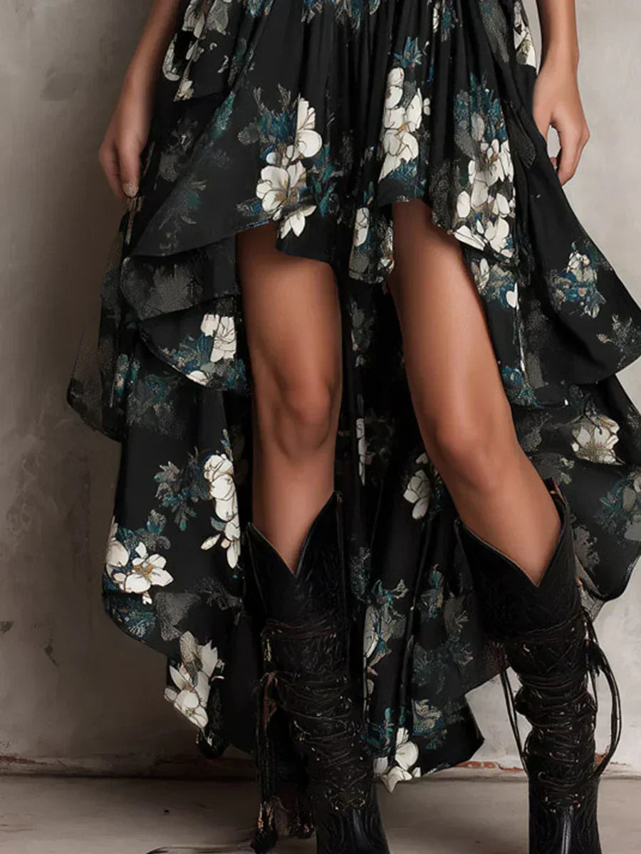 Black Strapless Long Boho Dress with Floral Pattern and Asymmetrical Cut