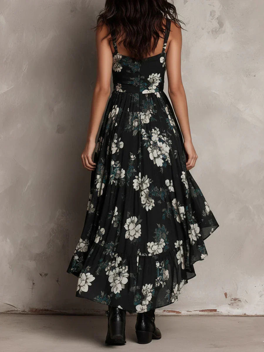 Black Strapless Long Boho Dress with Floral Pattern and Asymmetrical Cut