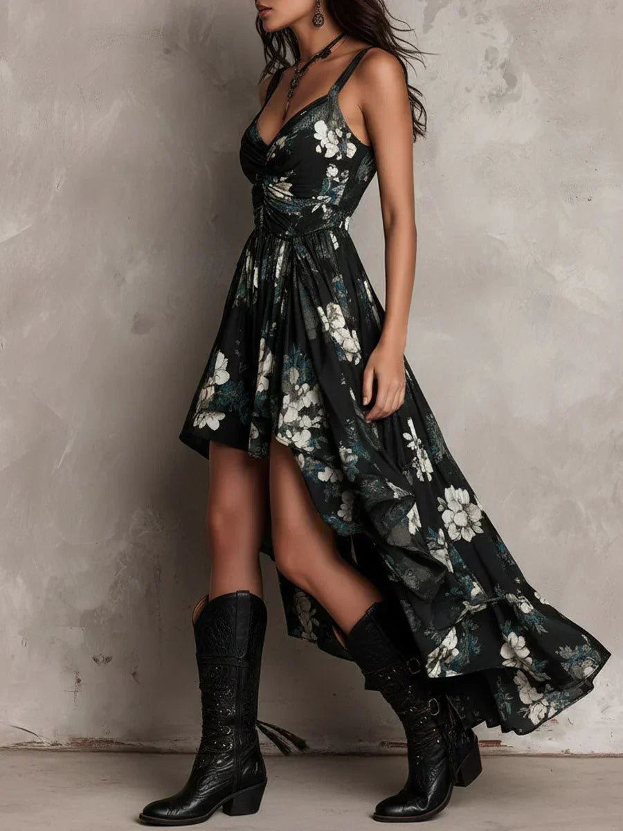 Black Strapless Long Boho Dress with Floral Pattern and Asymmetrical Cut