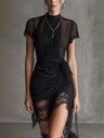Black chiffon mini dress with pleated waist and lace hem