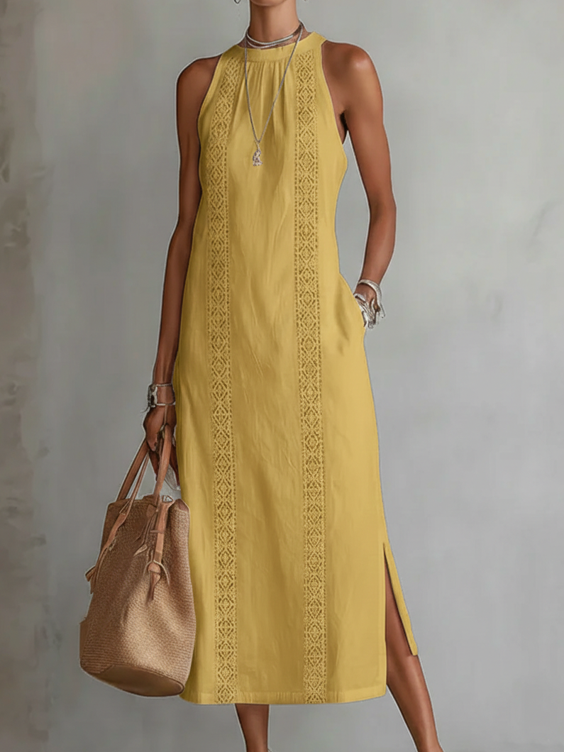 Jimena | Midi Dress Made of Linen with Mao Collar